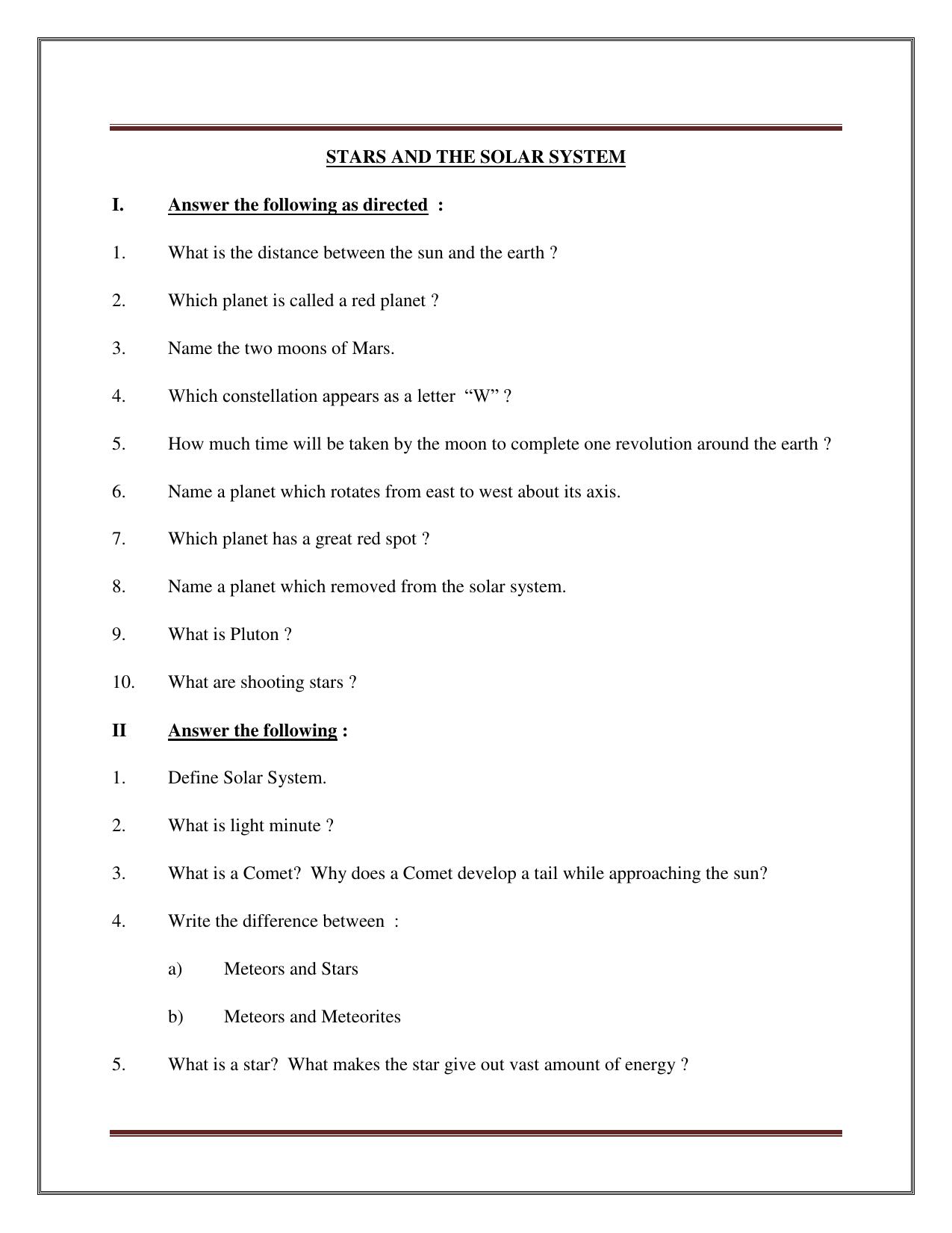 CBSE Worksheets for Class 8 Science Stars And The Solar System Part A Assignment - Page 1