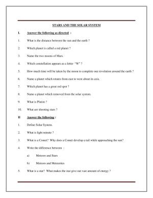 CBSE Worksheets for Class 8 Science Stars And The Solar System Part A Assignment