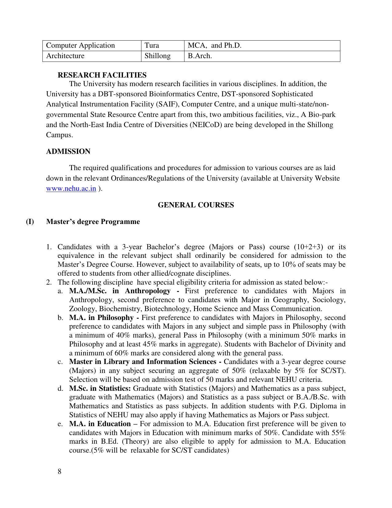 North Eastern Hill University, Shillong 2020-21 (Prospectus) - Page 8