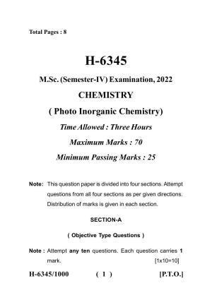 Sarguja University Question Paper July-2022 :  M.Sc. Chemistry (Fourth sem.) PhotoInorganic Chemistry Paper 1
