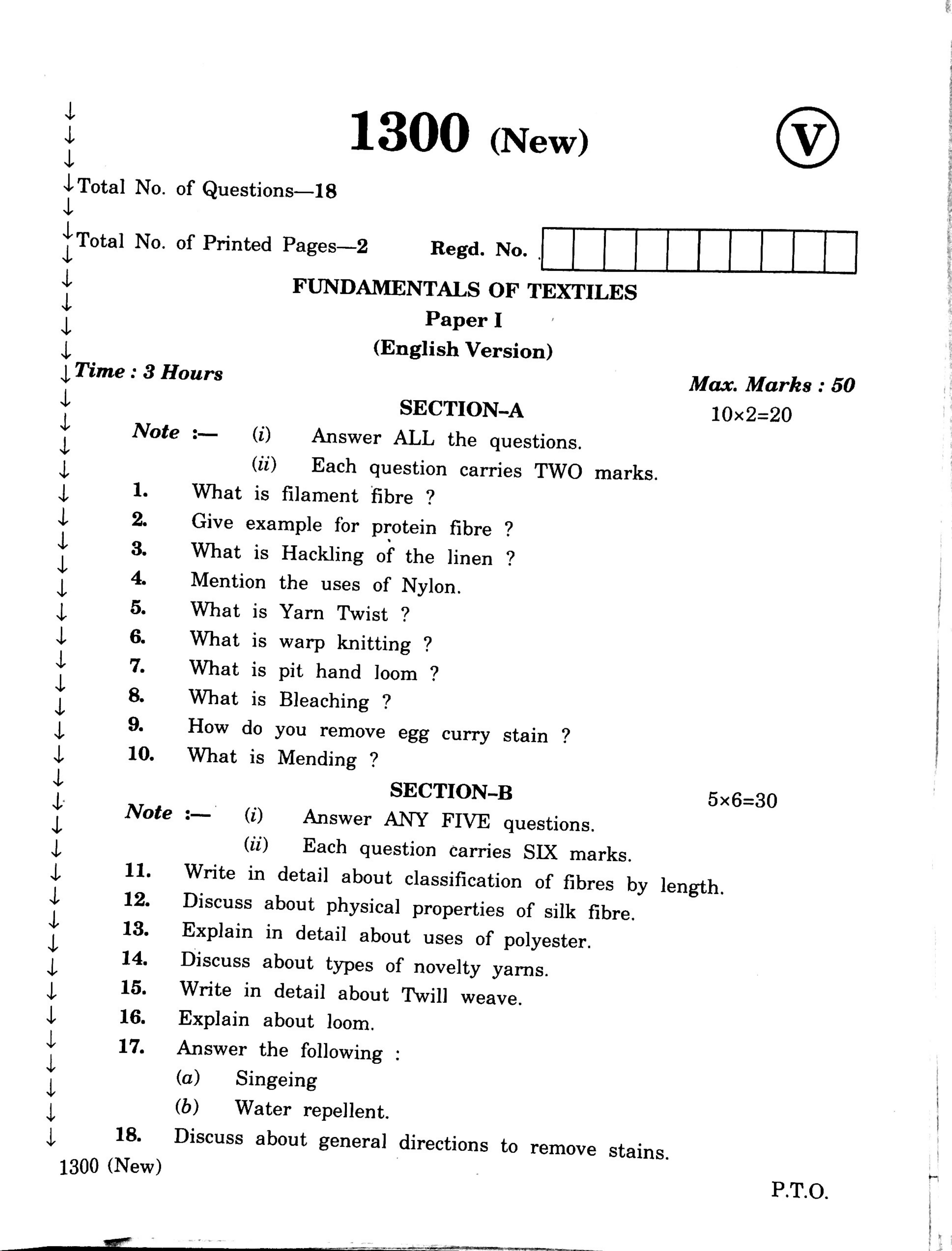 AP Inter 2nd Year Vocational Question Paper March - 2020 - Fundamentals of Textiles - I - Page 1