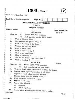 AP Inter 2nd Year Vocational Question Paper March - 2020 - Fundamentals of Textiles - I