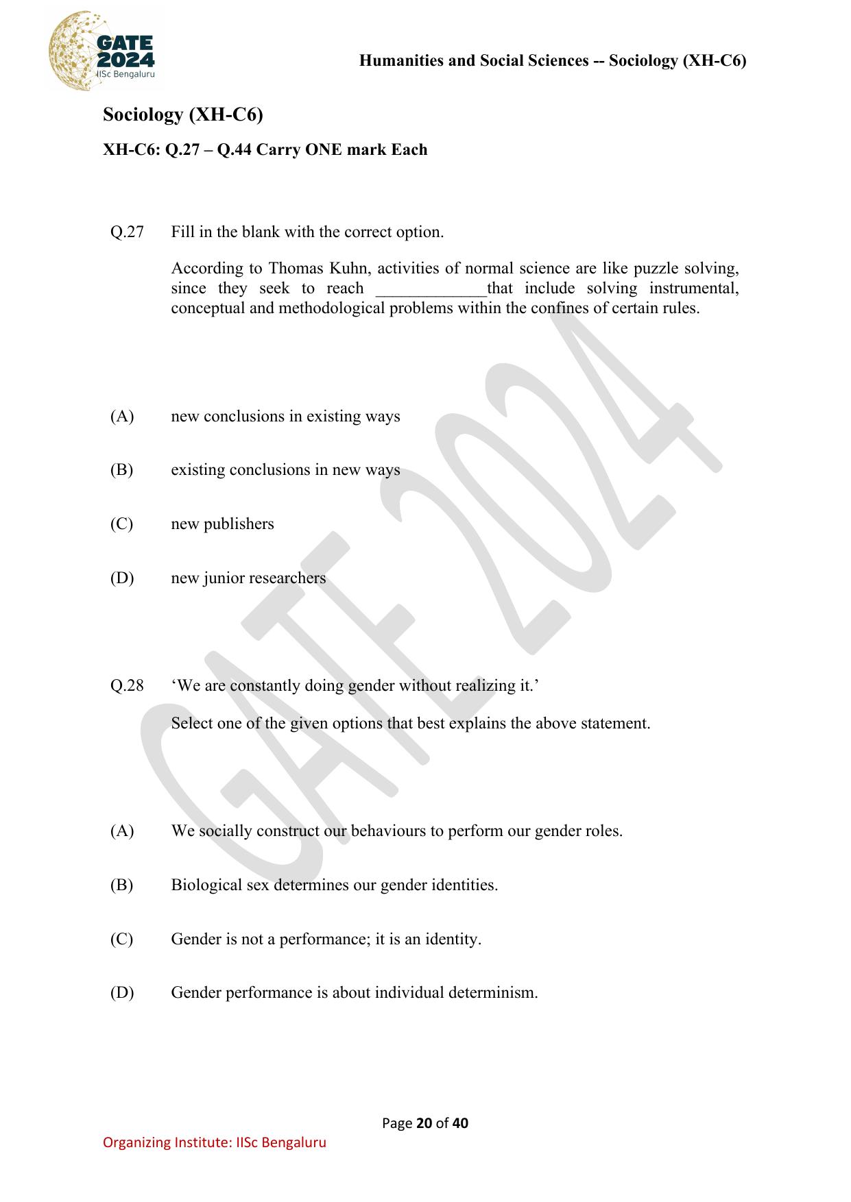 GATE 2024 Humanities & Social Sciences - Sociology (XH-C6) Question Paper - Page 20