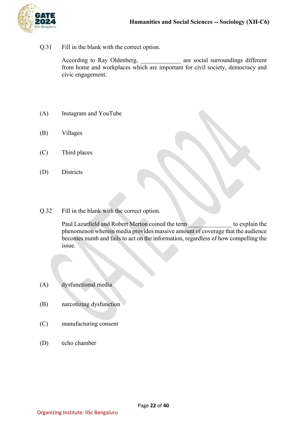 GATE 2024 Humanities & Social Sciences - Sociology (XH-C6) Question Paper - Page 22
