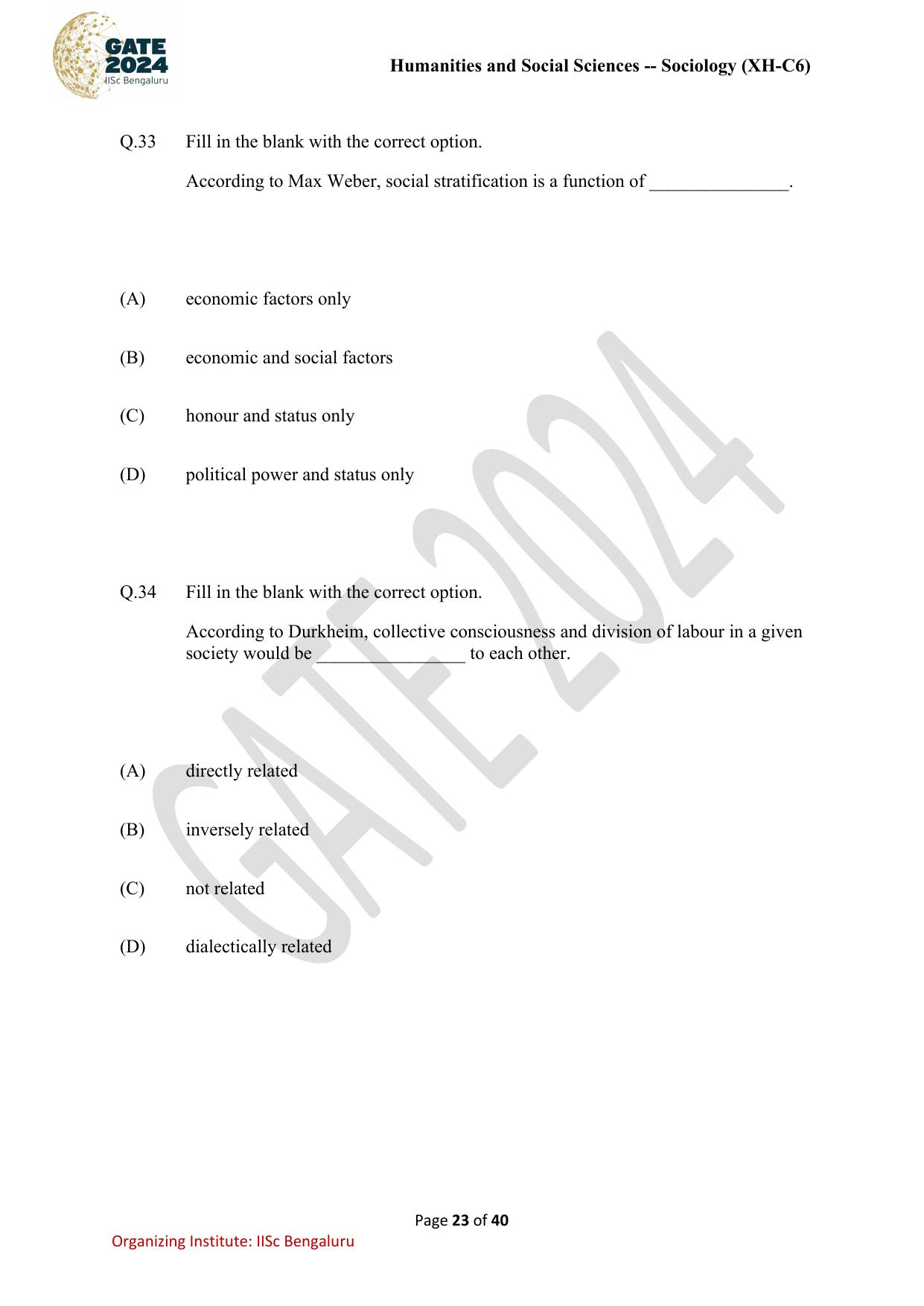 GATE 2024 Humanities & Social Sciences - Sociology (XH-C6) Question Paper - Page 23