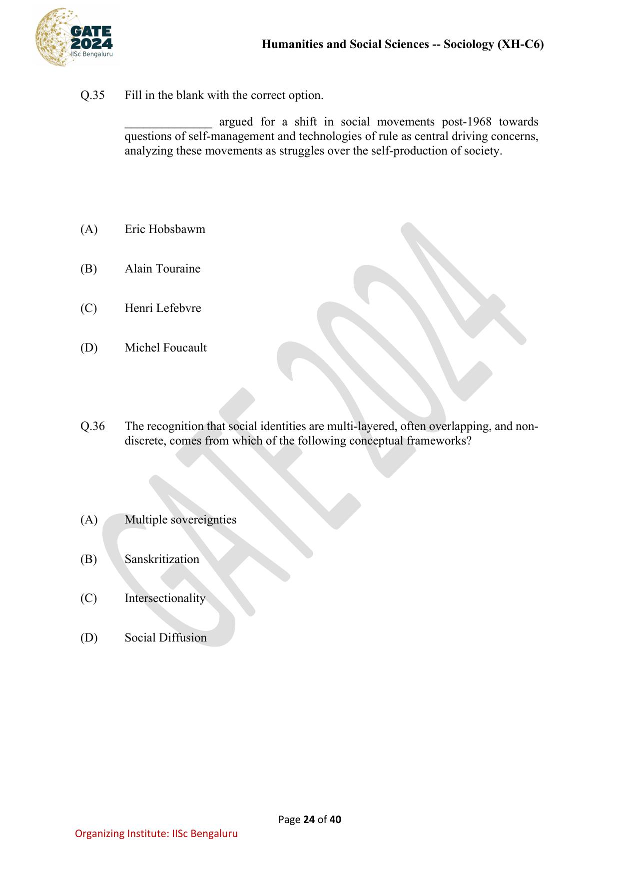 GATE 2024 Humanities & Social Sciences - Sociology (XH-C6) Question Paper - Page 24