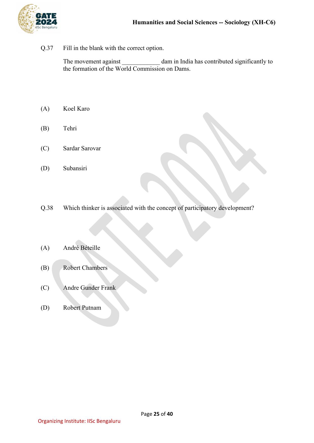 GATE 2024 Humanities & Social Sciences - Sociology (XH-C6) Question Paper - Page 25