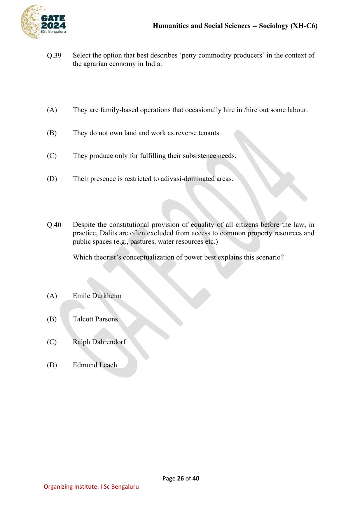 GATE 2024 Humanities & Social Sciences - Sociology (XH-C6) Question Paper - Page 26