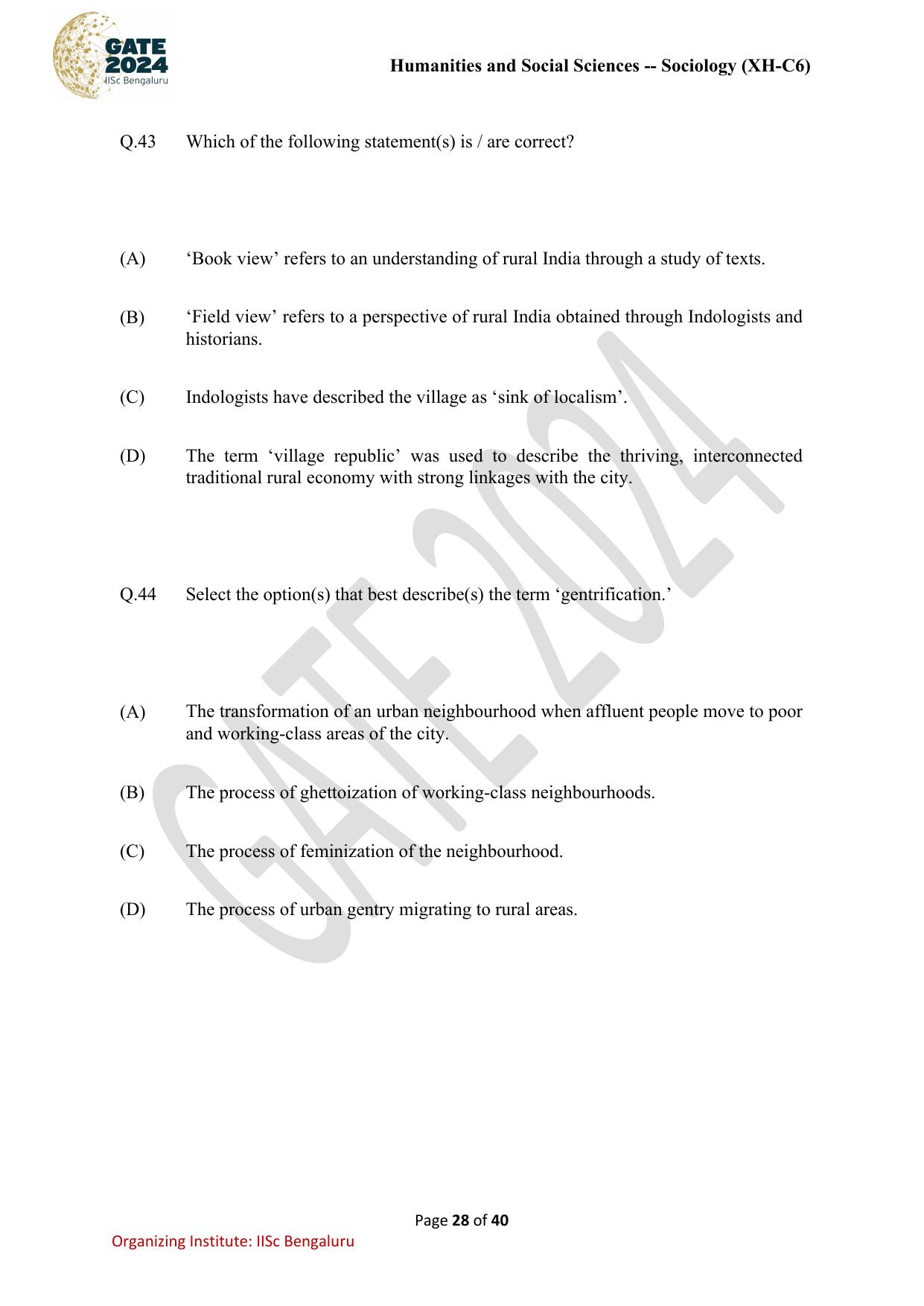 GATE 2024 Humanities & Social Sciences - Sociology (XH-C6) Question Paper - Page 28