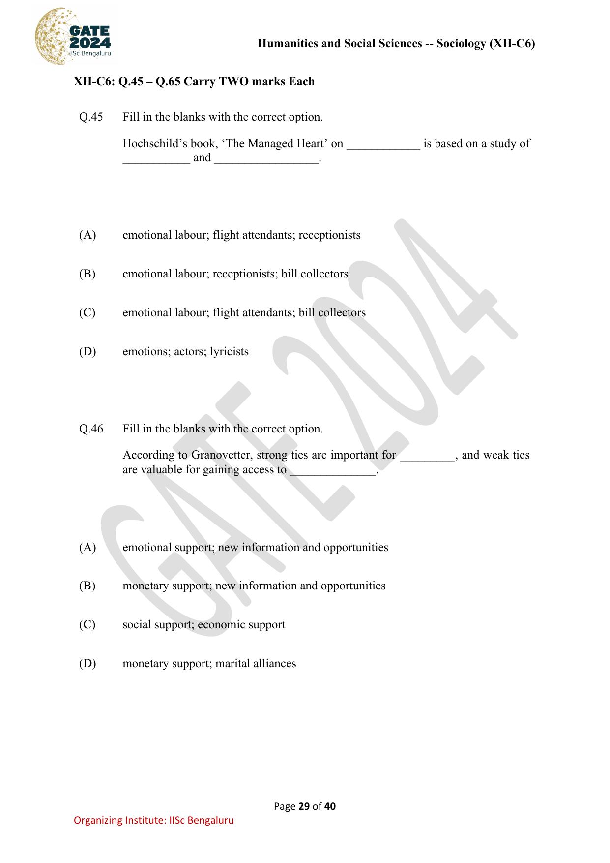 GATE 2024 Humanities & Social Sciences - Sociology (XH-C6) Question Paper - Page 29