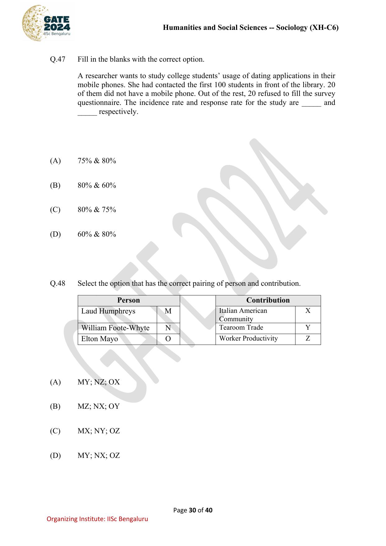 GATE 2024 Humanities & Social Sciences - Sociology (XH-C6) Question Paper - Page 30