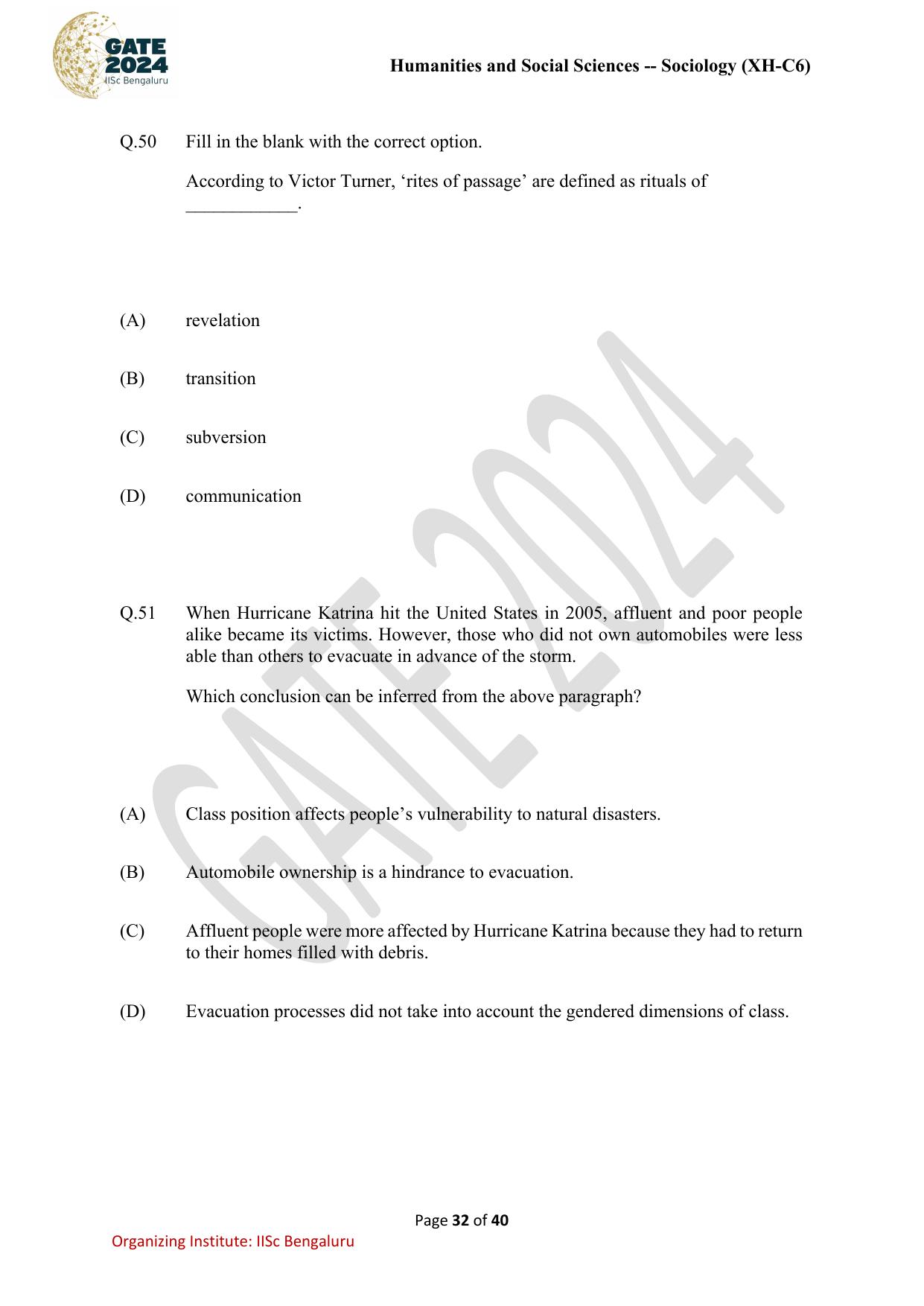 GATE 2024 Humanities & Social Sciences - Sociology (XH-C6) Question Paper - Page 32