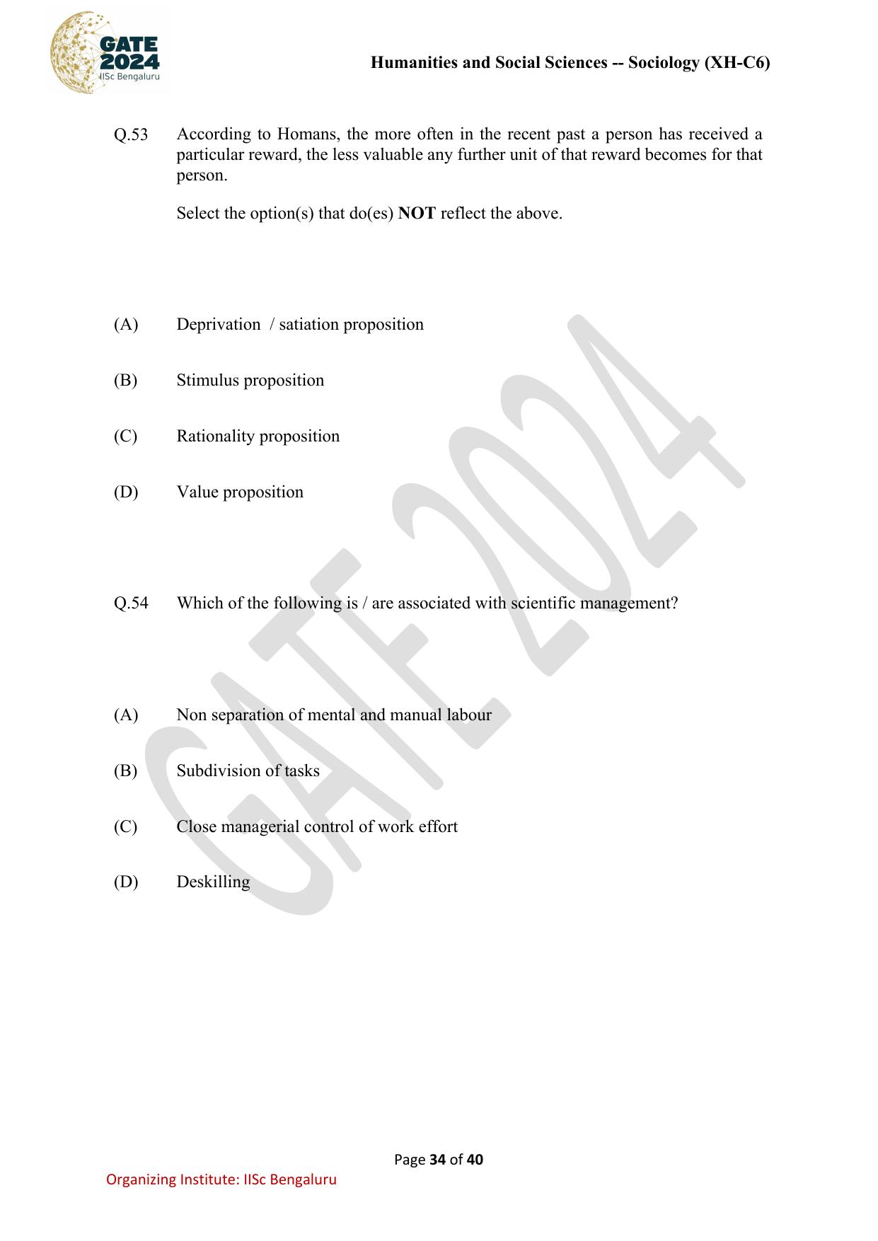 GATE 2024 Humanities & Social Sciences - Sociology (XH-C6) Question Paper - Page 34
