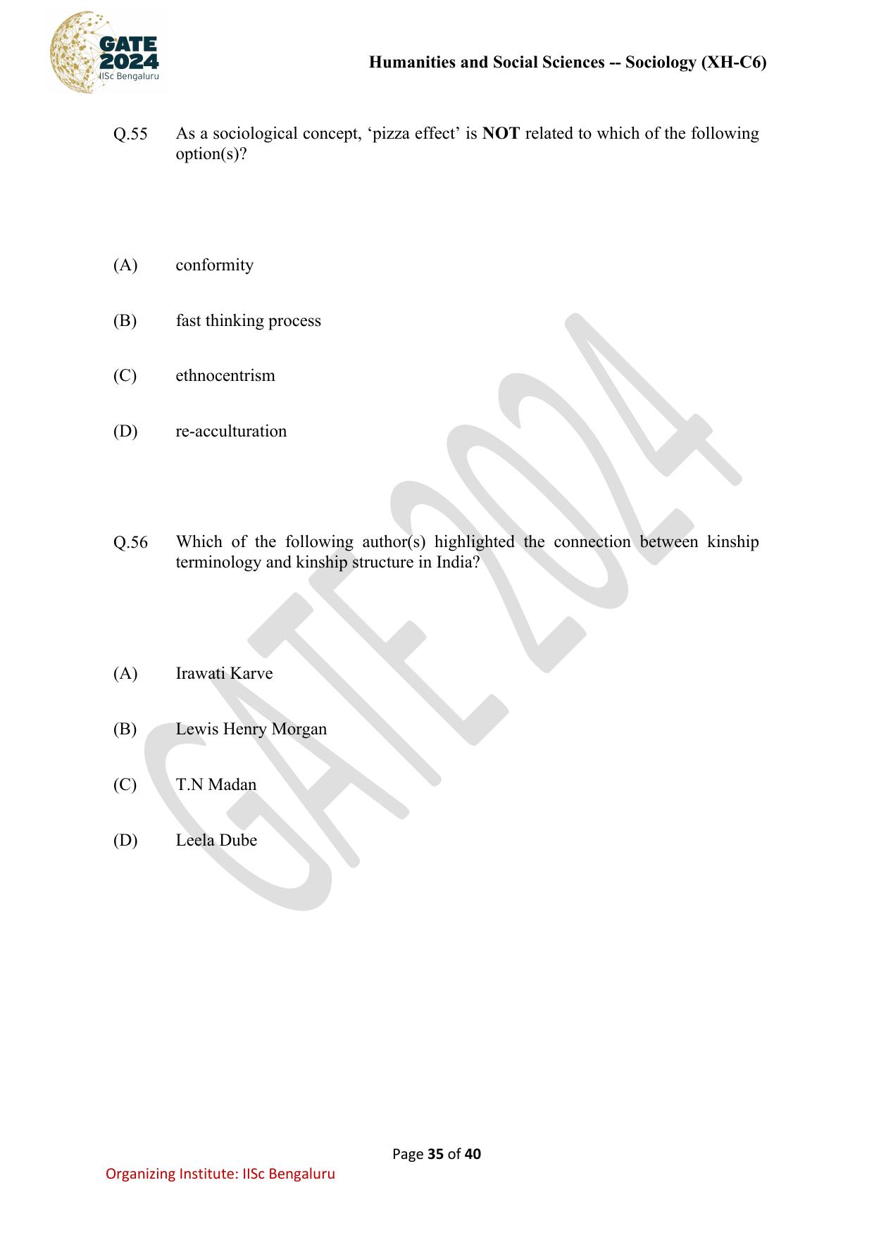 GATE 2024 Humanities & Social Sciences - Sociology (XH-C6) Question Paper - Page 35