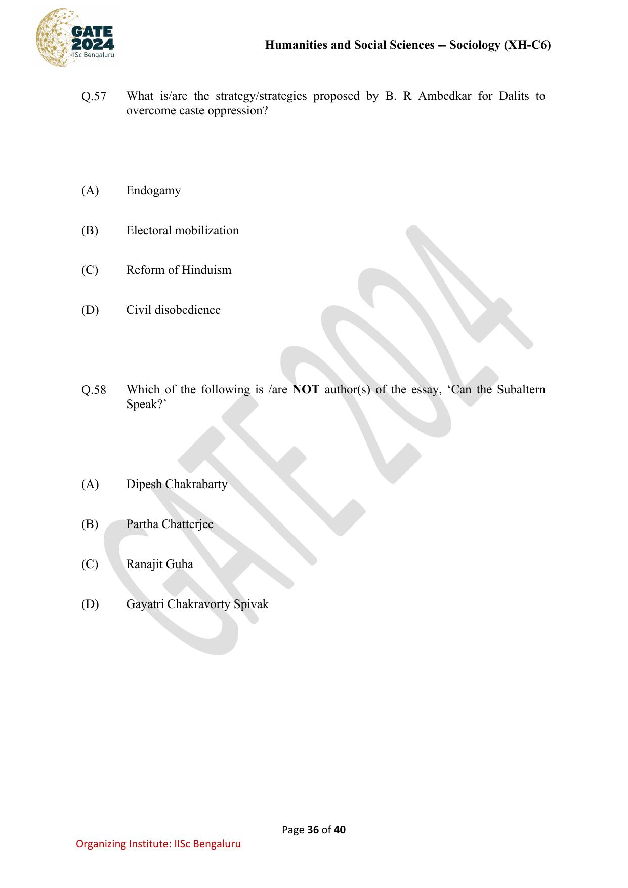 GATE 2024 Humanities & Social Sciences - Sociology (XH-C6) Question Paper - Page 36
