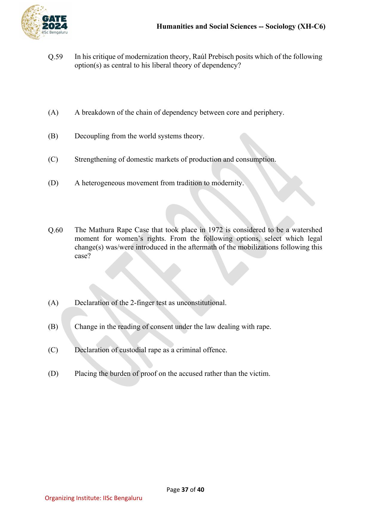 GATE 2024 Humanities & Social Sciences - Sociology (XH-C6) Question Paper - Page 37