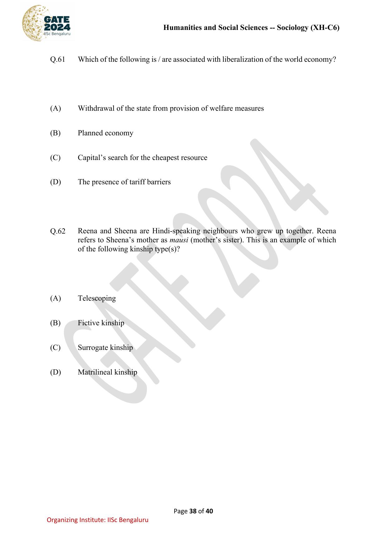 GATE 2024 Humanities & Social Sciences - Sociology (XH-C6) Question Paper - Page 38