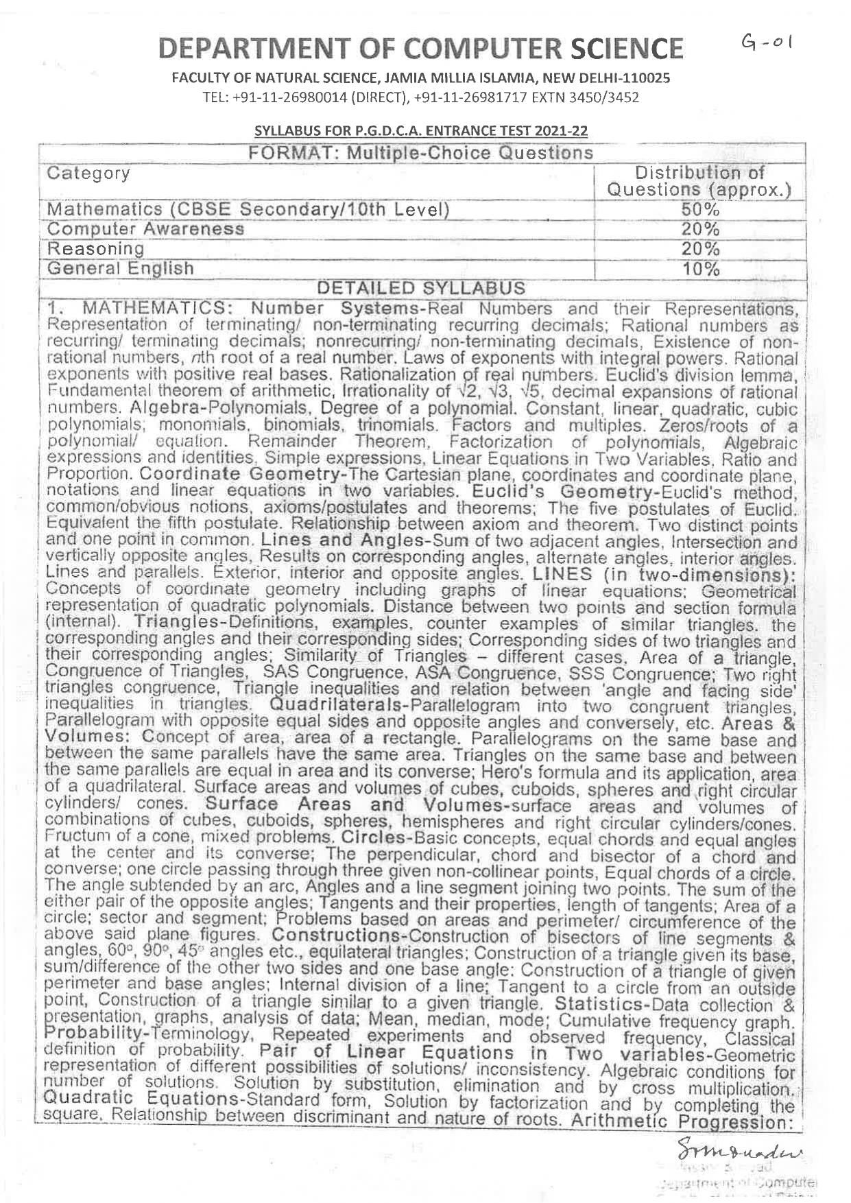 JMI Entrance Exam G01-P.G. Diploma in Computer Applications Syllabus - Page 1