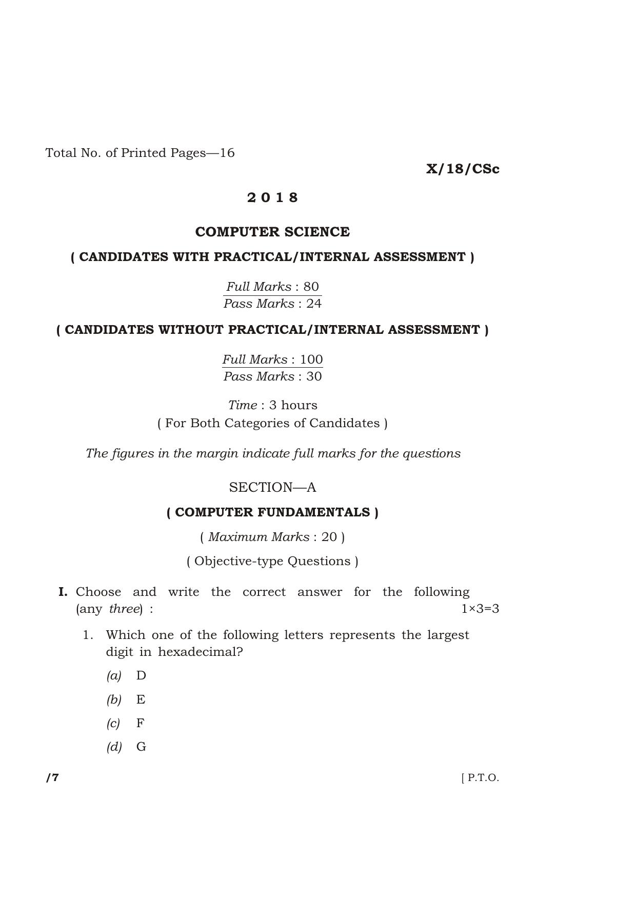 Meghalaya Board (MBOSE) Class 10 COMPUTER SCIENCE 2018 Question Paper - Page 1