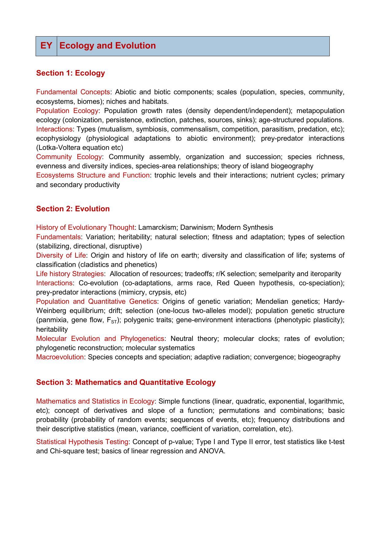 GATE Ecology and Evolution Syllabus - Page 1