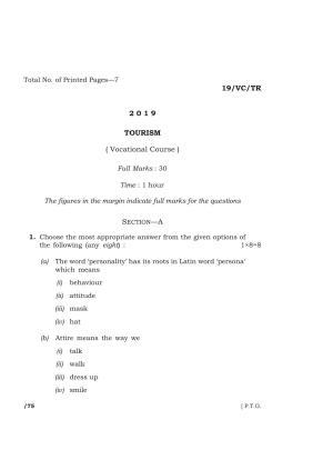 Meghalaya Board (MBOSE) Class 12 TOURISM ( Vocational Course ) 2019 Question Paper