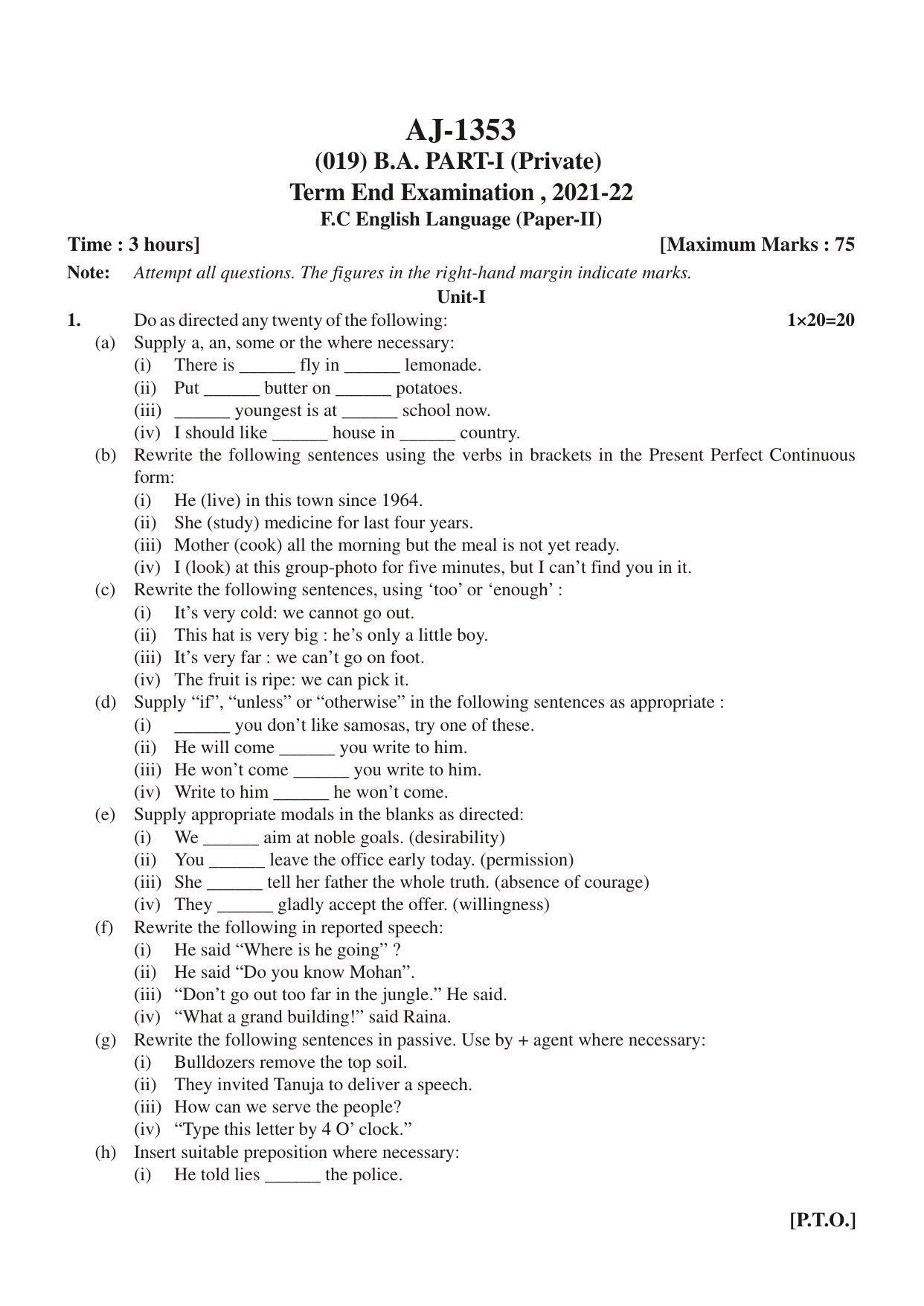 Bilaspur University Question Paper 2021-2022:B.A. Part-I (One) (Private) FCL: English Language Paper 1 - Page 1