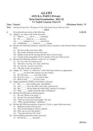 Bilaspur University Question Paper 2021-2022:B.A. Part-I (One) (Private) FCL: English Language Paper 1