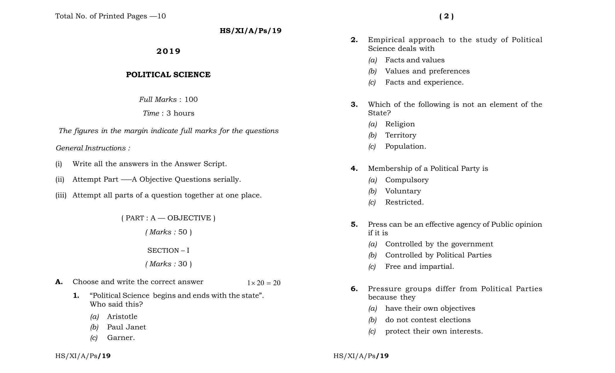 Meghalaya Board (MBOSE) Class 11 Political_Science 2019 Question Paper - Page 1