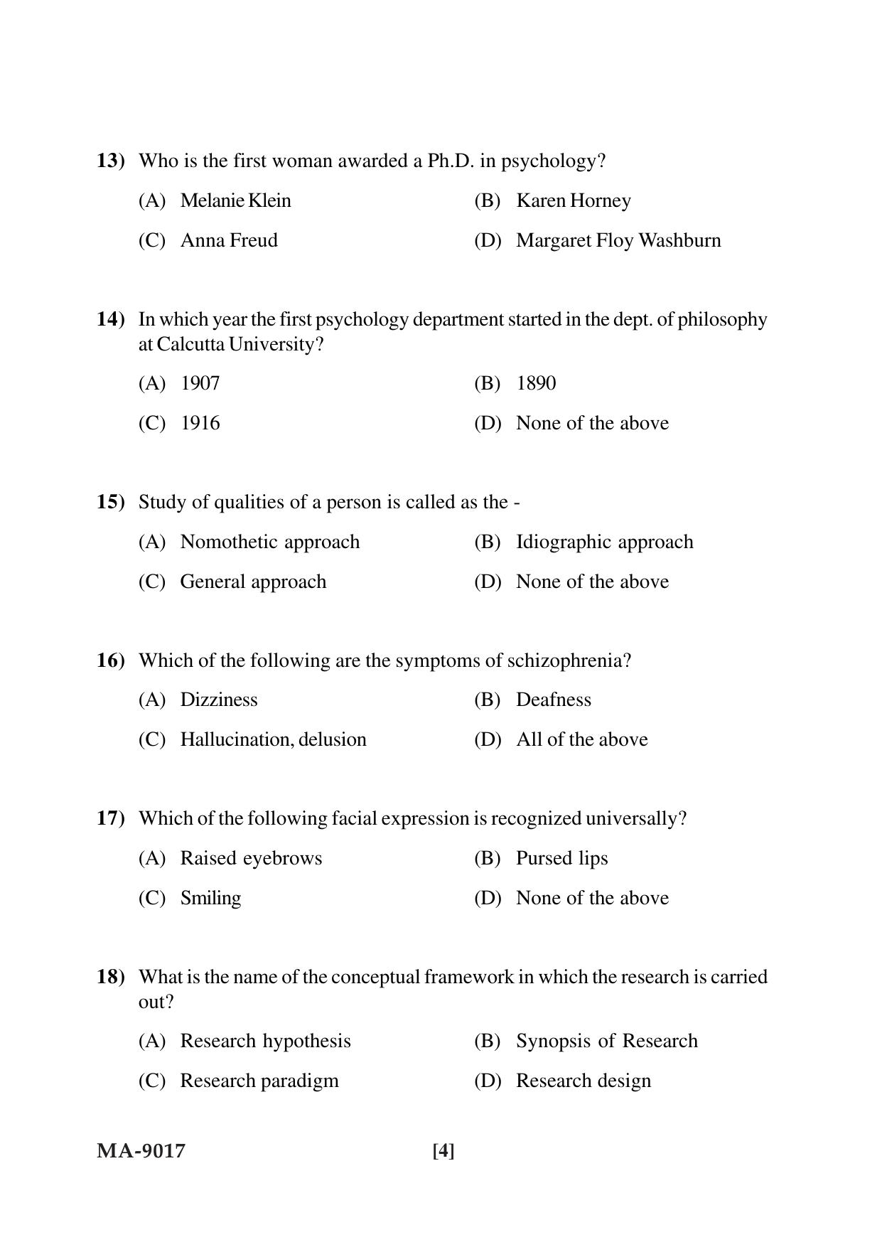 Mysore University PG Entrance Exam 2022: M.Sc Psychology Question Paper - Page 4
