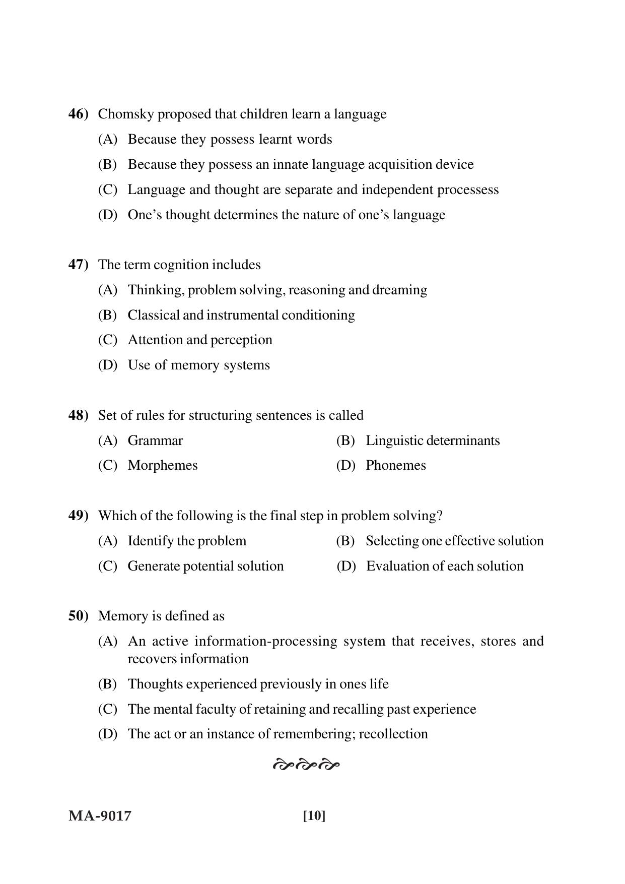 Mysore University PG Entrance Exam 2022: M.Sc Psychology Question Paper - Page 10