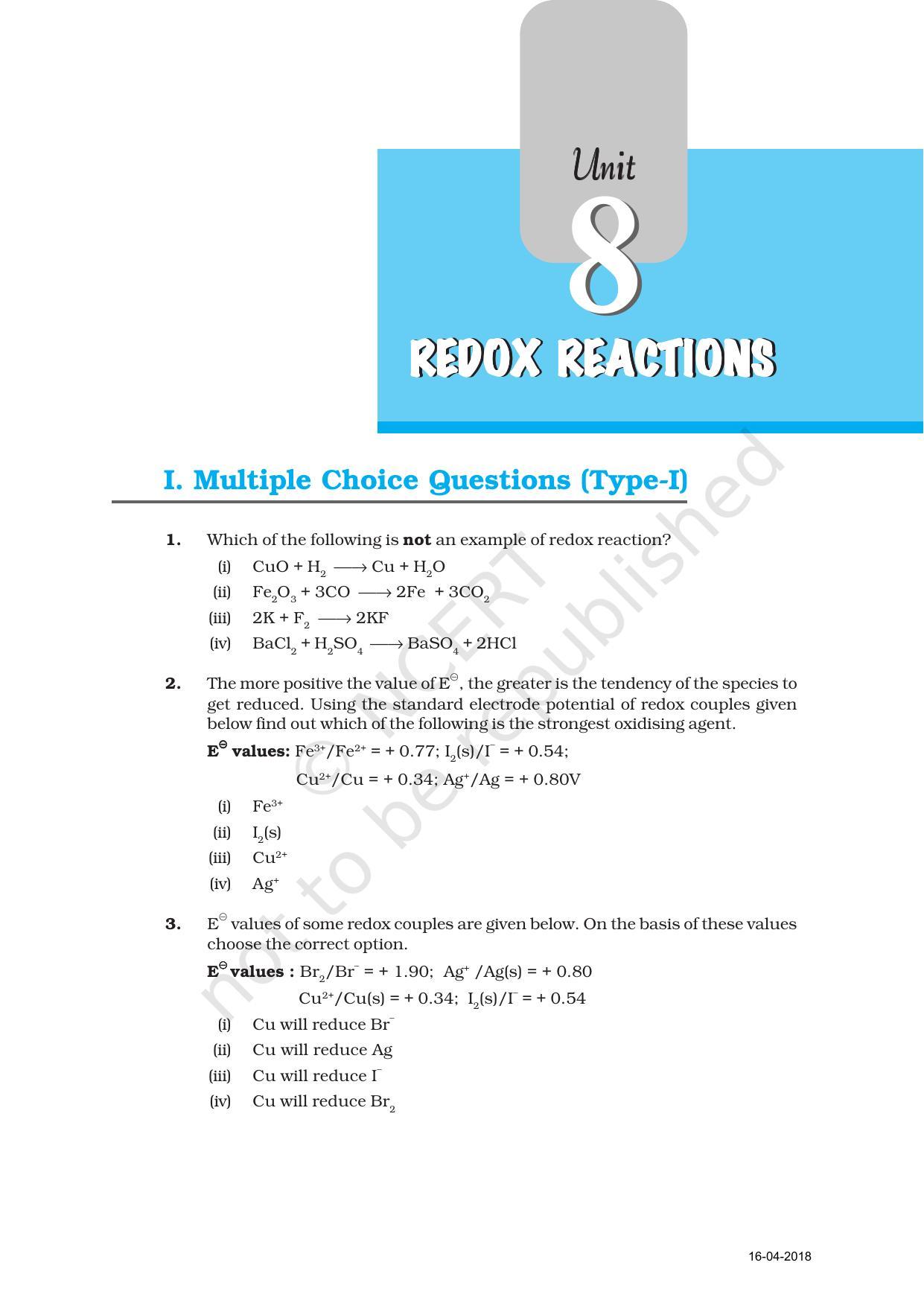 NCERT Exemplar Book for Class 11 Chemistry: Chapter 8 Redox Reactions - Page 1