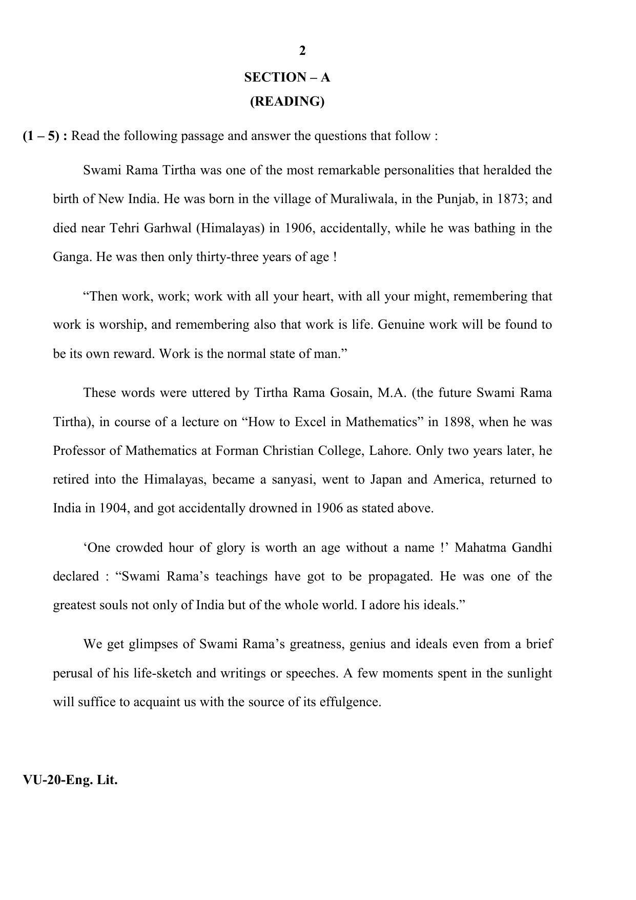 RBSE English Literature 2020 Varishtha Upadhyay Question Paper - Page 2