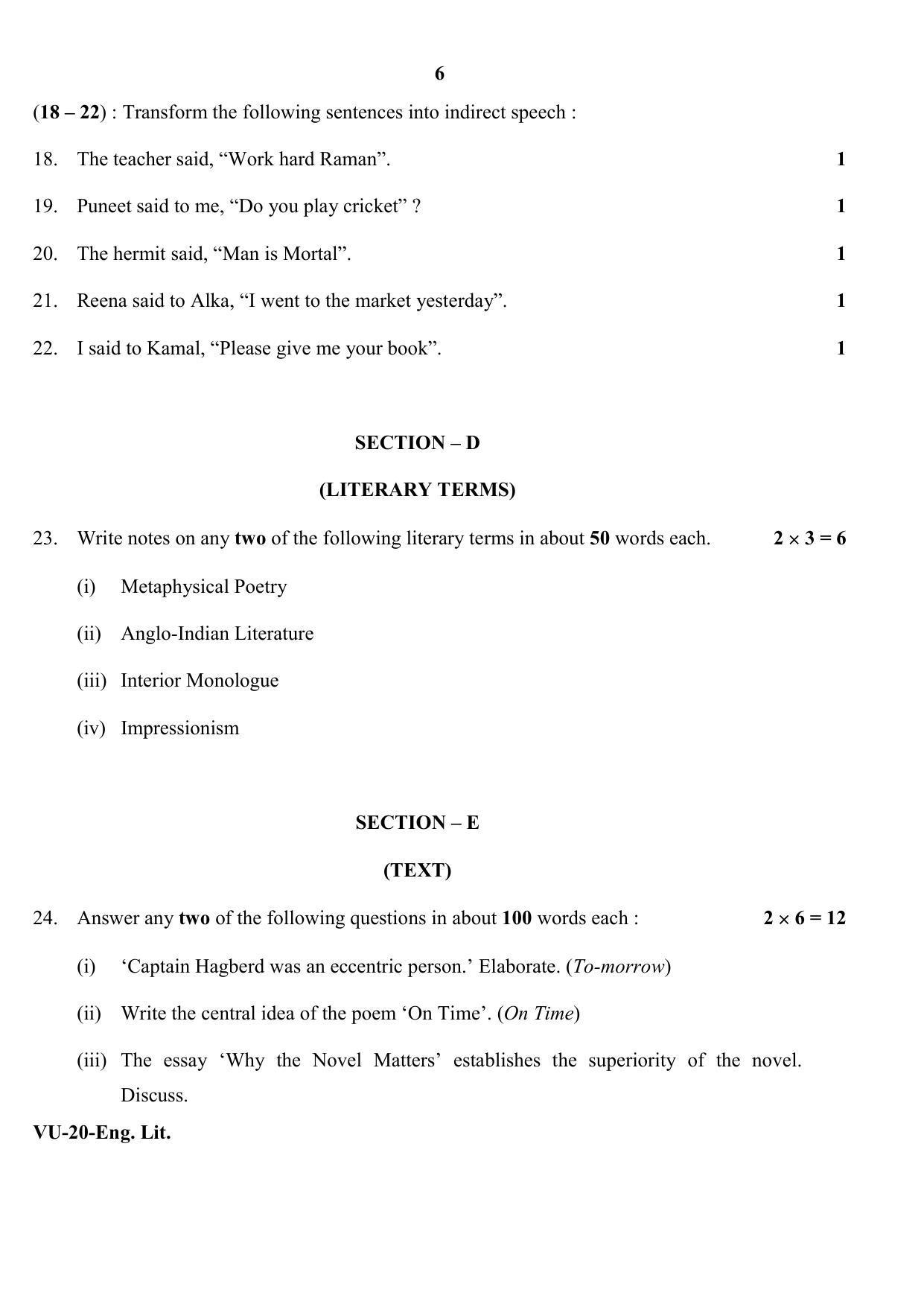 RBSE English Literature 2020 Varishtha Upadhyay Question Paper - Page 6