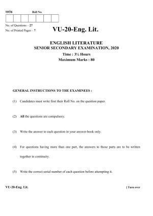 RBSE English Literature 2020 Varishtha Upadhyay Question Paper