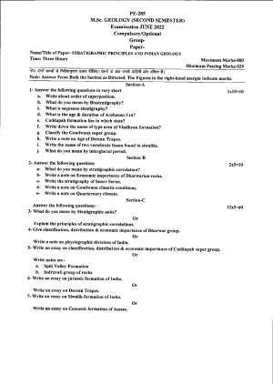 Bilaspur University Question Paper June 2022:M.Sc. Geology (Second Semester) Stratigraphic Principles And Indian Geology Paper 1