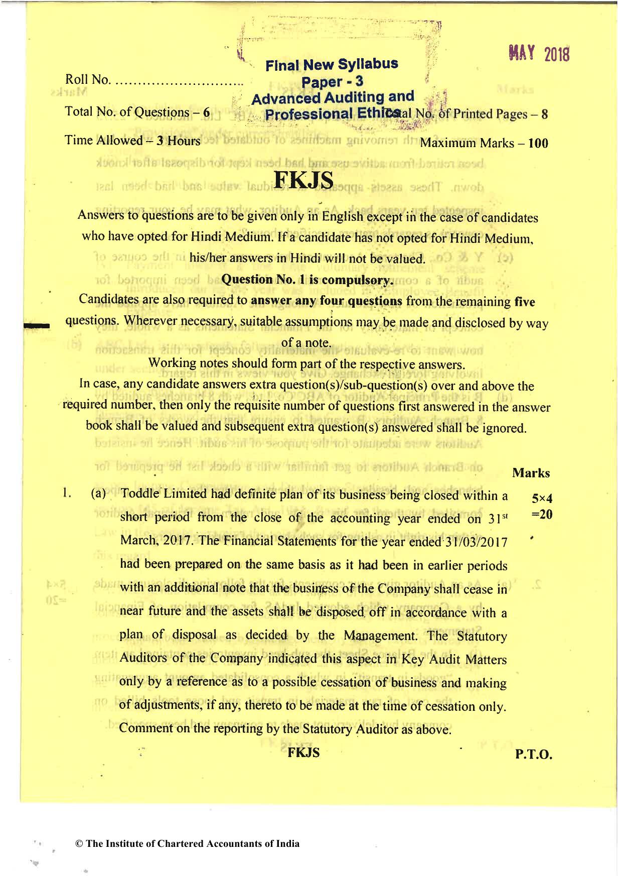 CA Final May 2018 Question Paper - Paper 3 – Advanced Auditing and Professional Ethics - Page 1