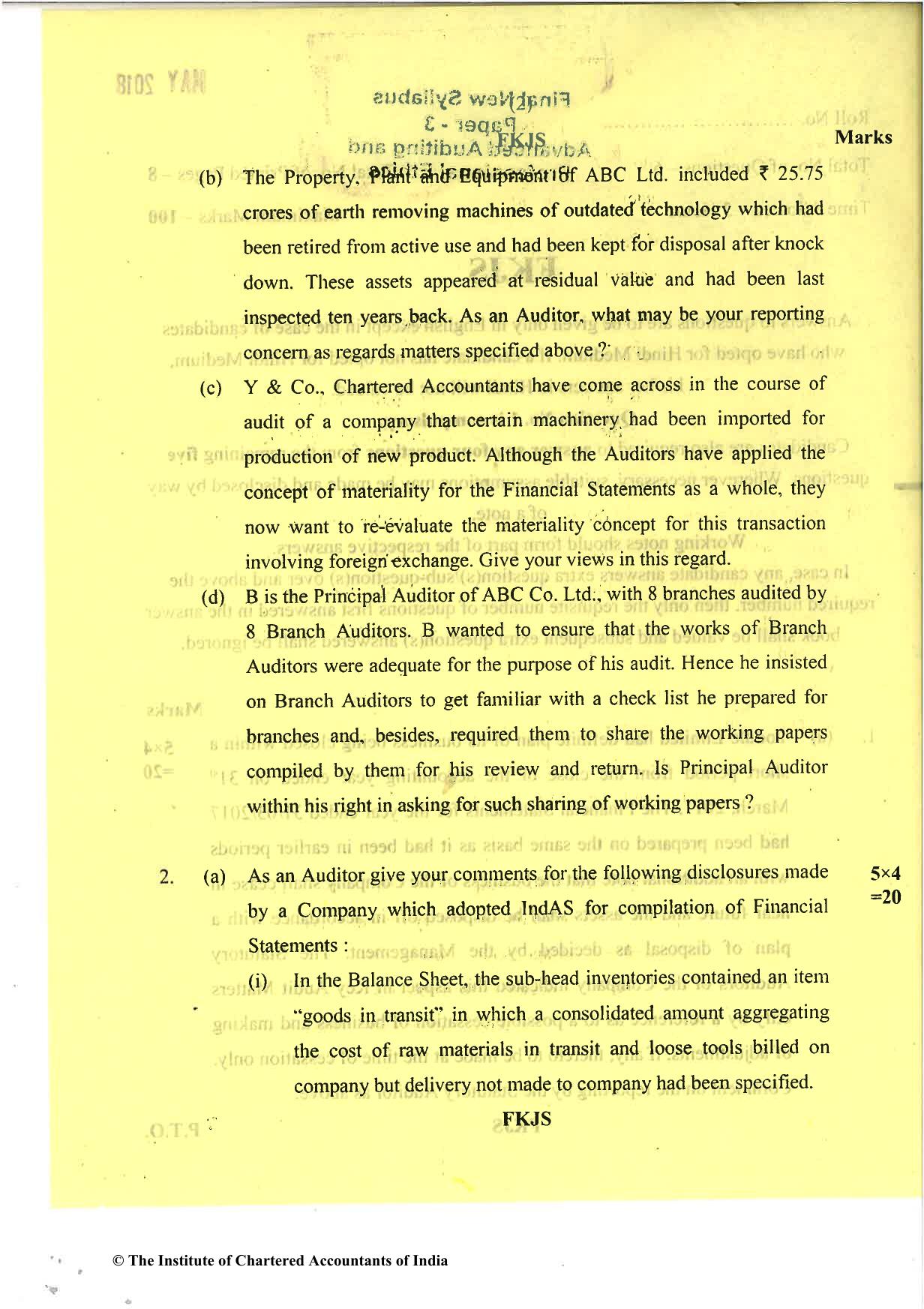 CA Final May 2018 Question Paper - Paper 3 – Advanced Auditing and Professional Ethics - Page 2