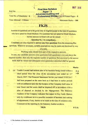 CA Final May 2018 Question Paper - Paper 3 – Advanced Auditing and Professional Ethics