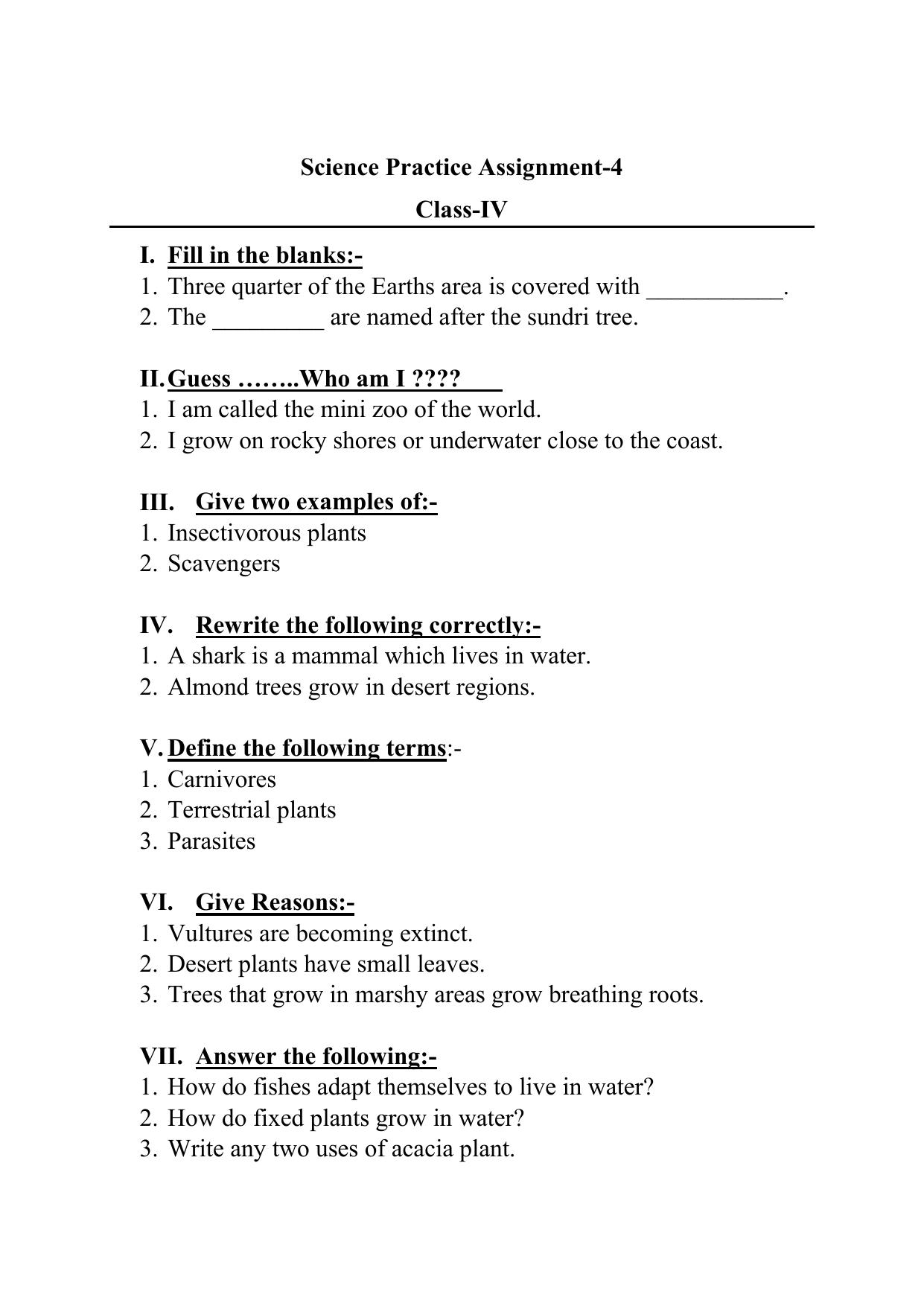 Worksheet for Class 4 Science Assignment 2 - Page 1
