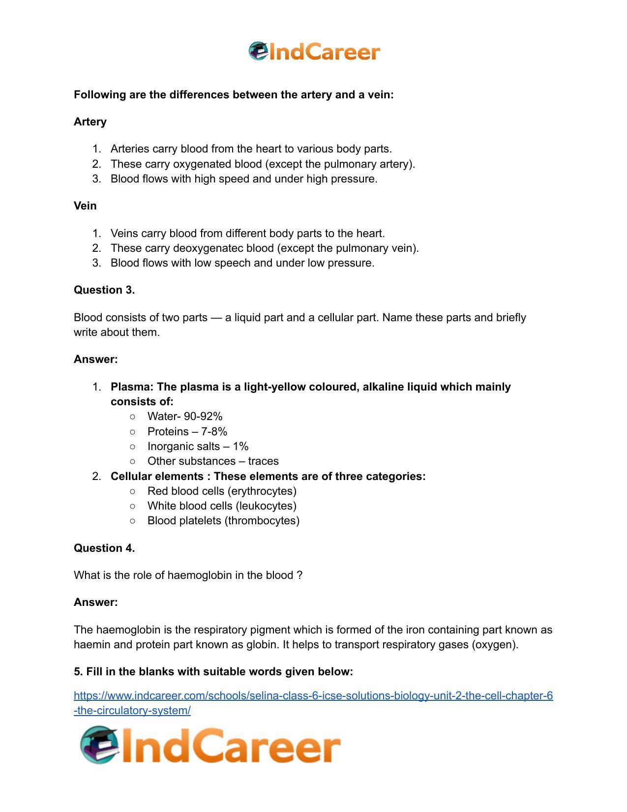 Selina Class 6 ICSE Solutions Biology (Unit 2) - The Cell: Chapter 6- The Circulatory System - Page 6