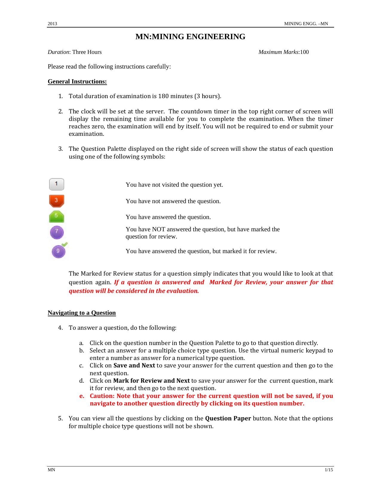 GATE 2013 Mining Engineering (MN) Question Paper with Answer Key - Page 1