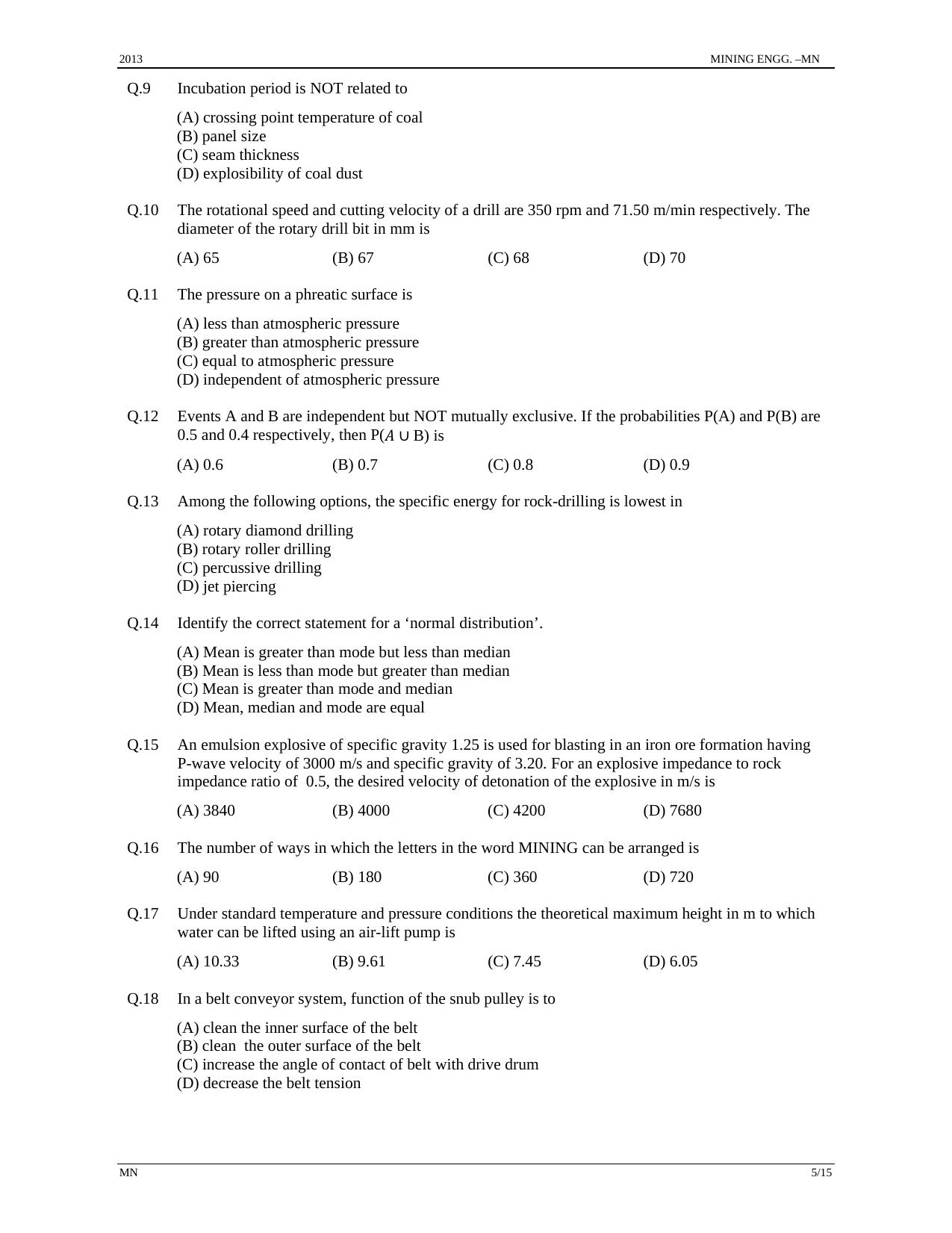 GATE 2013 Mining Engineering (MN) Question Paper with Answer Key - Page 5