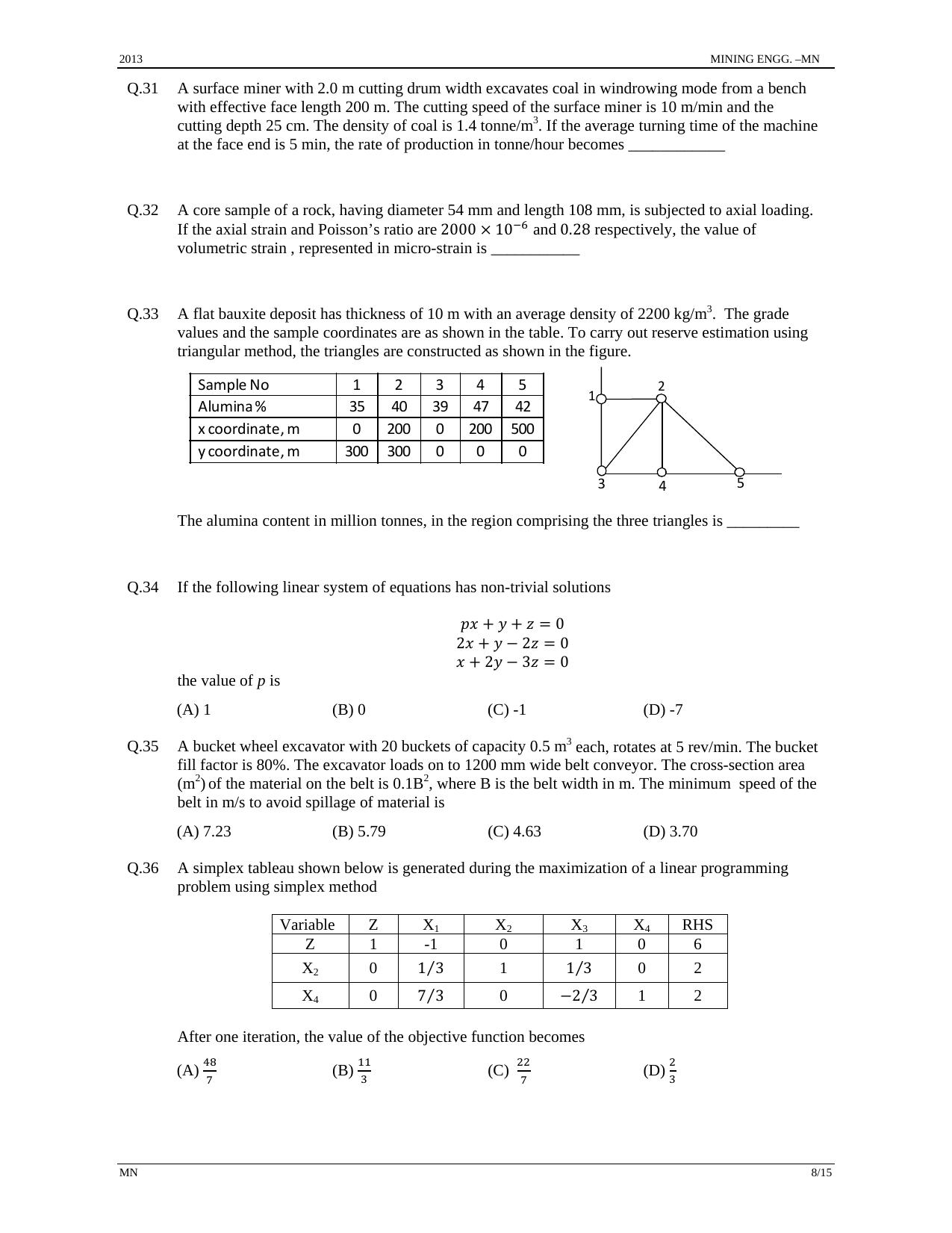 GATE 2013 Mining Engineering (MN) Question Paper with Answer Key - Page 8