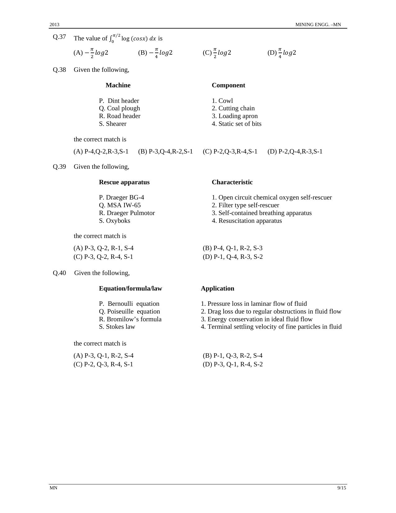 GATE 2013 Mining Engineering (MN) Question Paper with Answer Key - Page 9