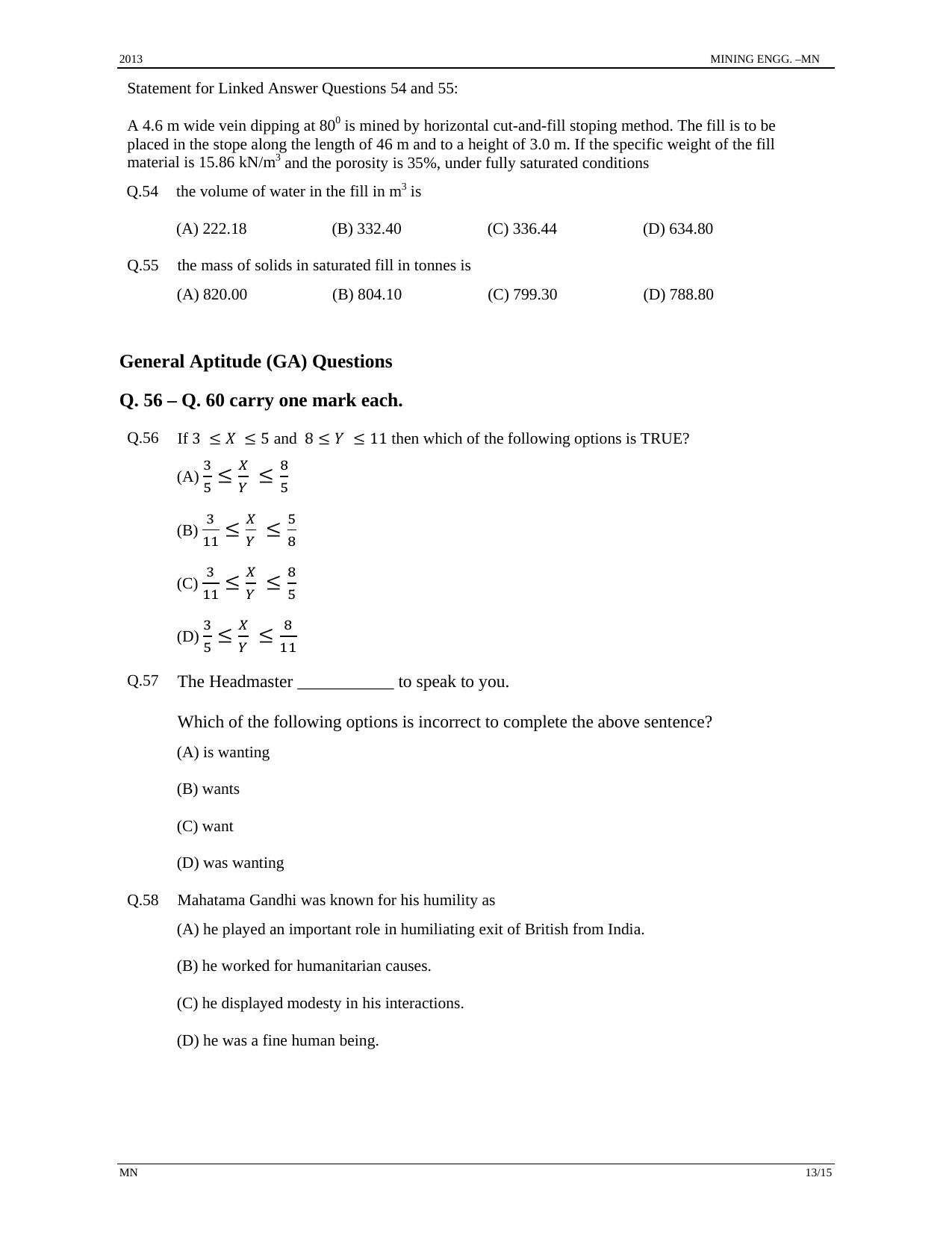 GATE 2013 Mining Engineering (MN) Question Paper with Answer Key - Page 13