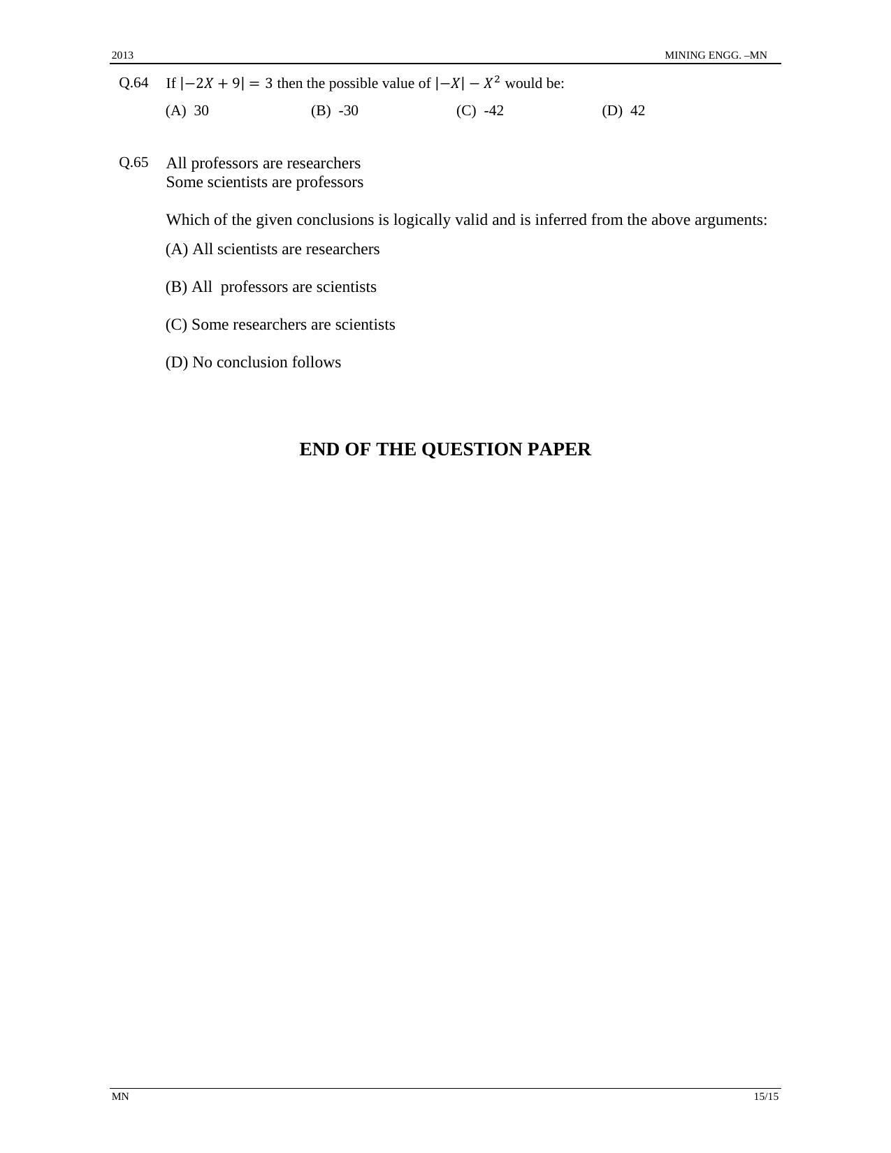 GATE 2013 Mining Engineering (MN) Question Paper with Answer Key - Page 15