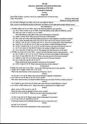 Bilaspur University Question Paper June 2022:M.A History  (Fourth Semester) Central And State Administrative System Of India Paper 1