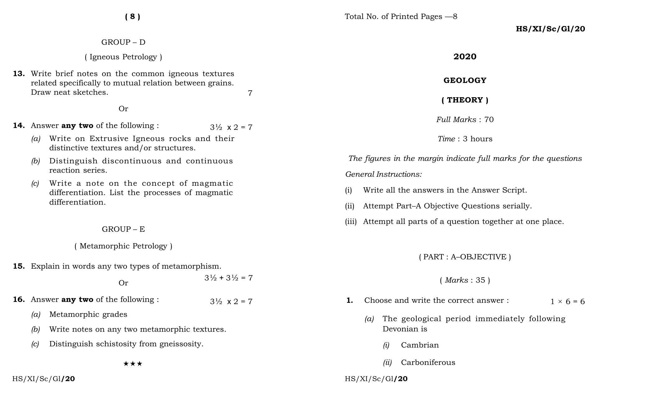 Meghalaya Board (MBOSE) Class 11 Geology 2020 Question Paper - Page 1
