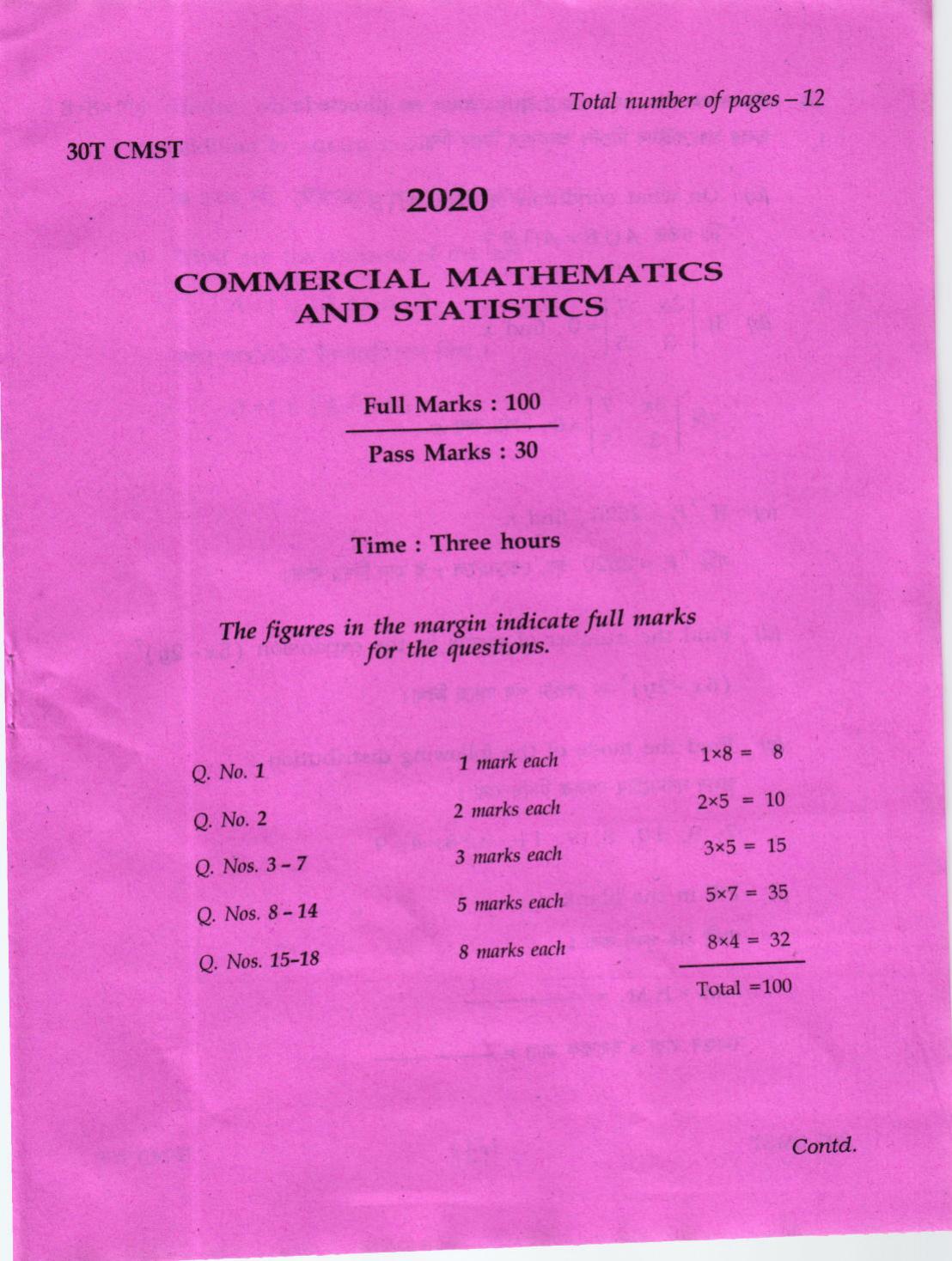 Assam HS 2nd Year Commercial Mathematics and Statistics 2020 Question Paper - Page 1