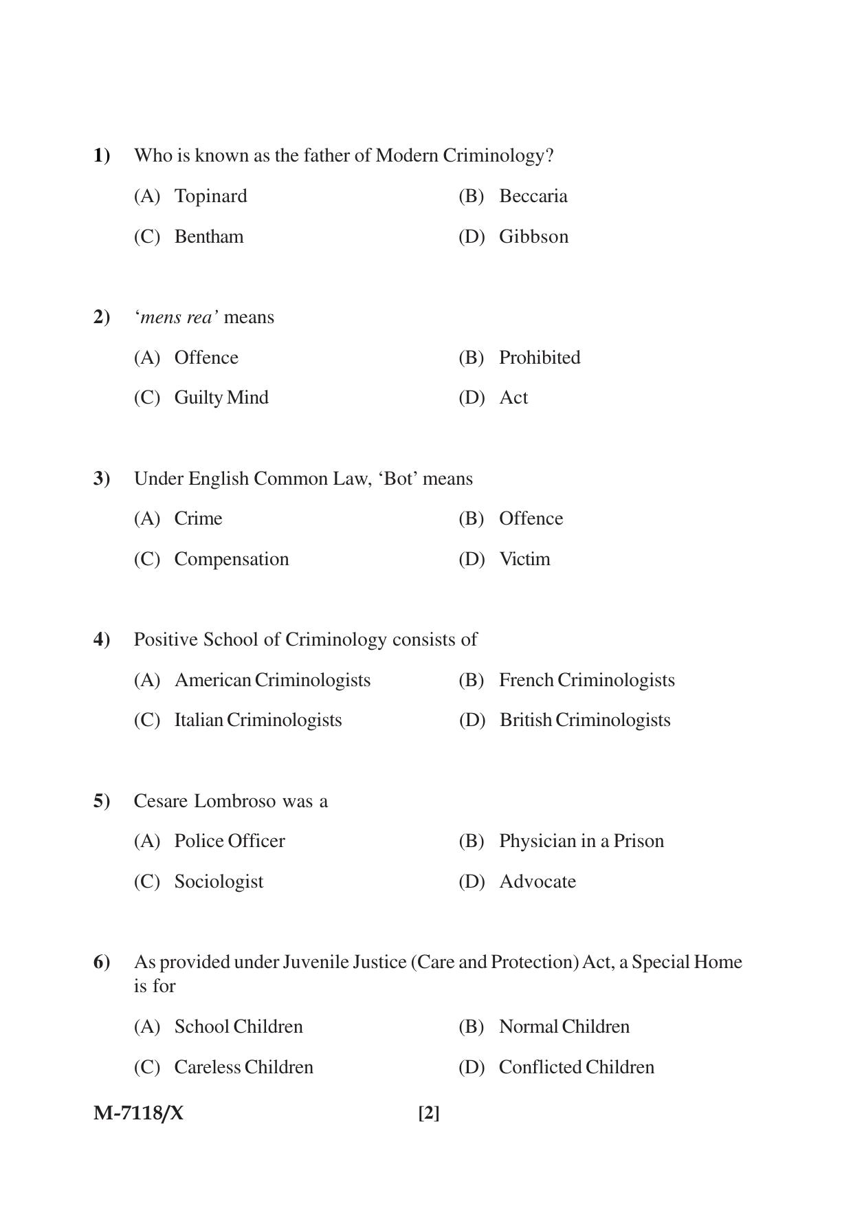 Mysore University PG Entrance Exam 2019: Criminology & Forensic Science Question Paper - Page 2